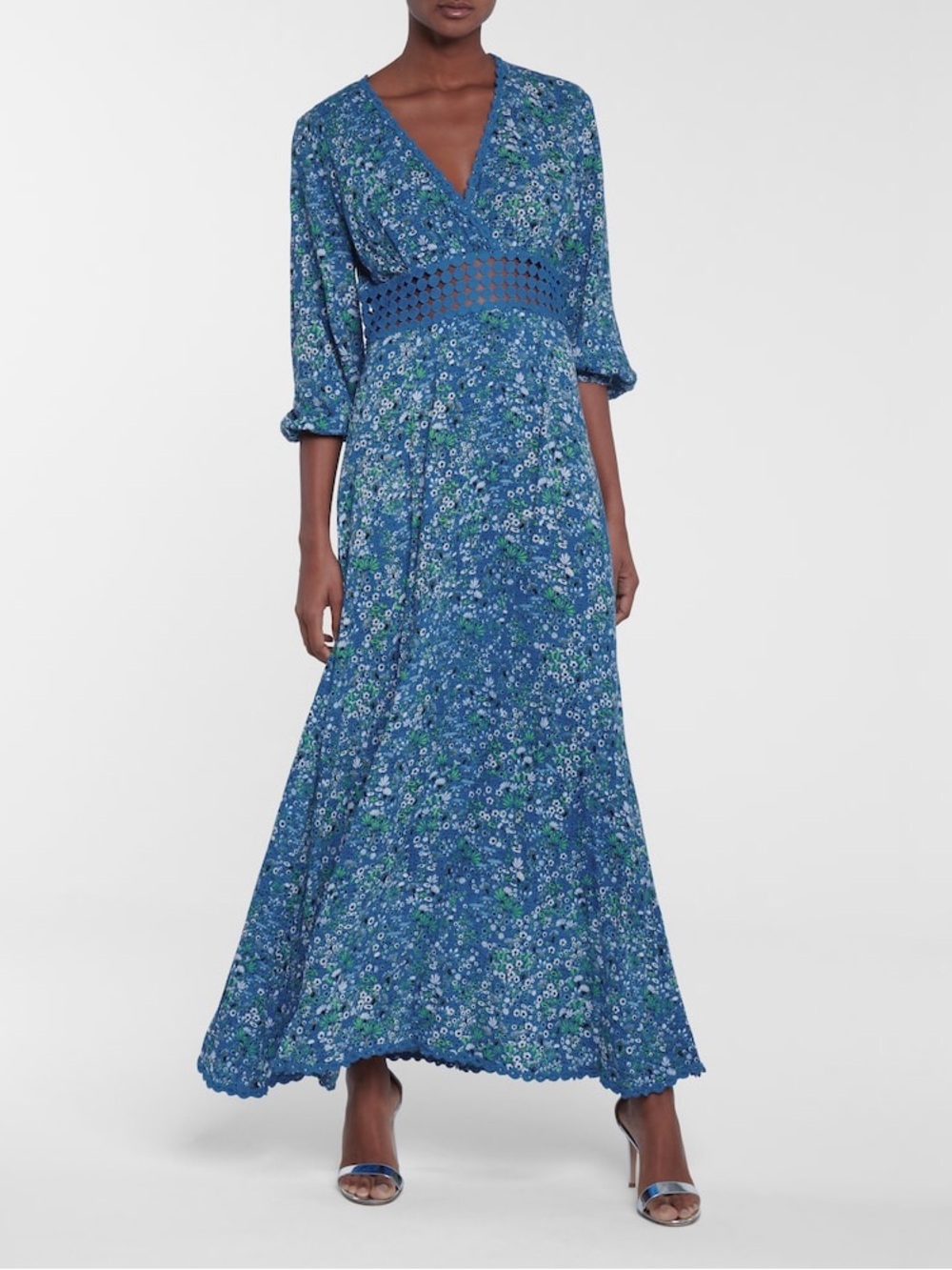 Poupette St Barth Joan Floral Maxi Dress Blue Crochet Waist Size M - Picture 13 of 13